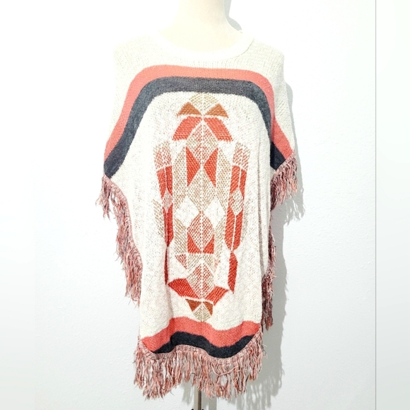 Say What? New York Knit Poncho – Geometric Fringe Design, One Size, Made in USA - Picture 1 of 10